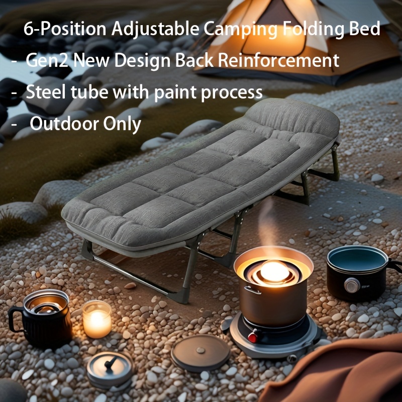 Lit pliant de camping réglable pour 6 personnes, 1 pièce, conception de 2ème génération : renforcement du dos, gain de place et facile à transporter, idéal pour le camping, les voyages, le jardin, la plage, les siestes en plein air - Utilisation uniquement en extérieur, équipement de sommeil en plein air | Cadre de lit réglable | Lit en plein air durable, équipement de camping