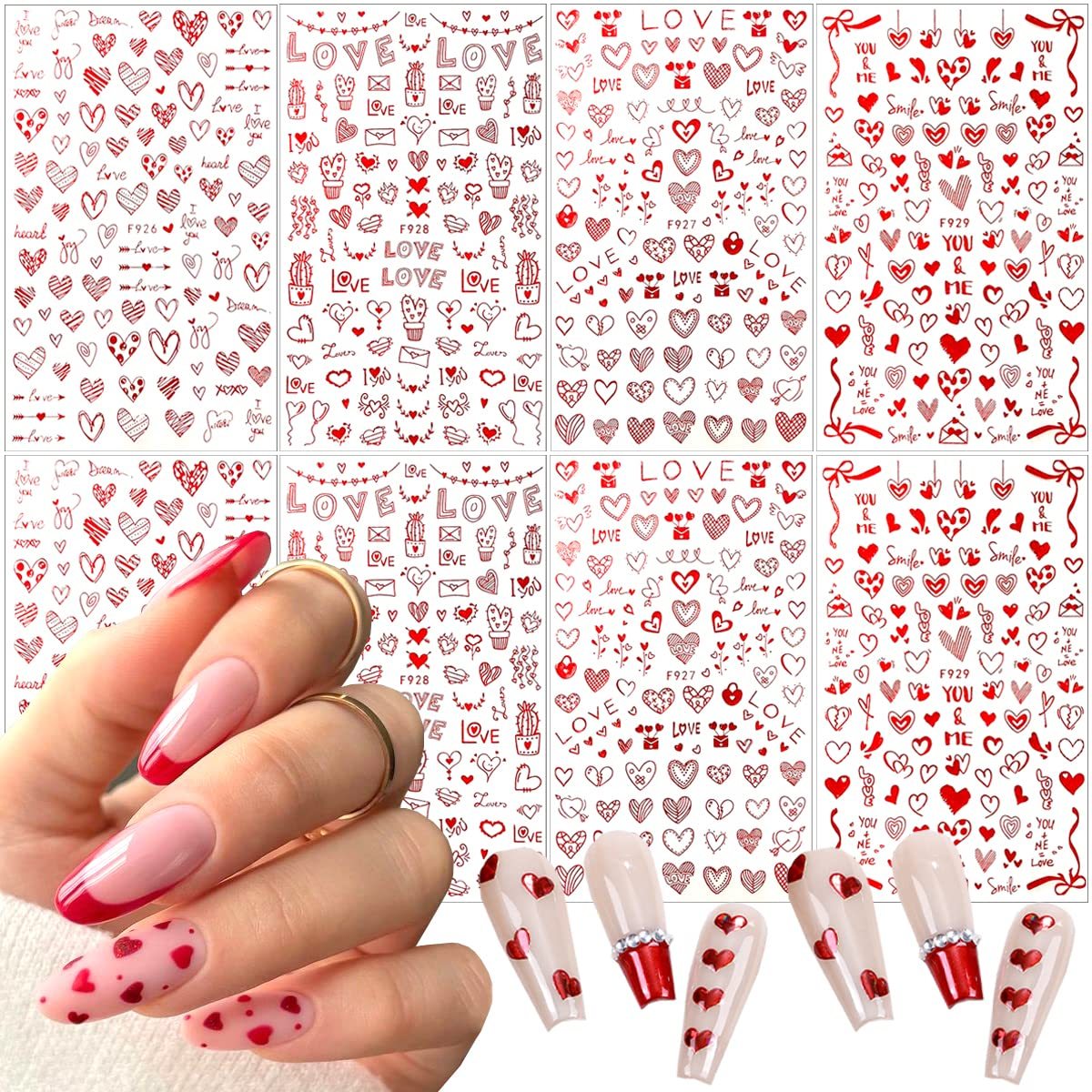 

8pcs Heart Nail Art Stickers, Love-themed 3d Self-adhesive Decals, Red Heart Patterns, Glossy , Glitter , Plastic Material, With Single Use For Valentine's Day Manicure Decoration