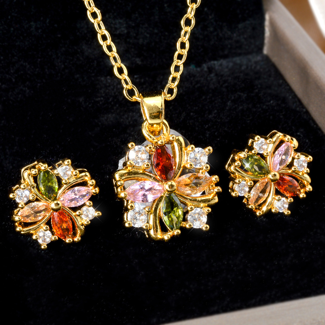 TEMU 1 Pair Of Earrings + 1pc Necklace + 1 Pendant, Elegant Women's Fashion Jewelry Set With Colorful Flower Elements Inlaid With Synthetic Zirconia.