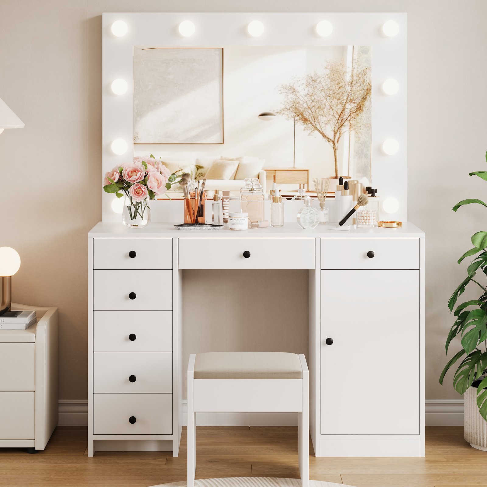 White Makeup Vanity With Mirror, Vanity Desk With 7 Storage Drawers And 1 Cabinet. Large Table Top, Space Saving, Home Organizer.