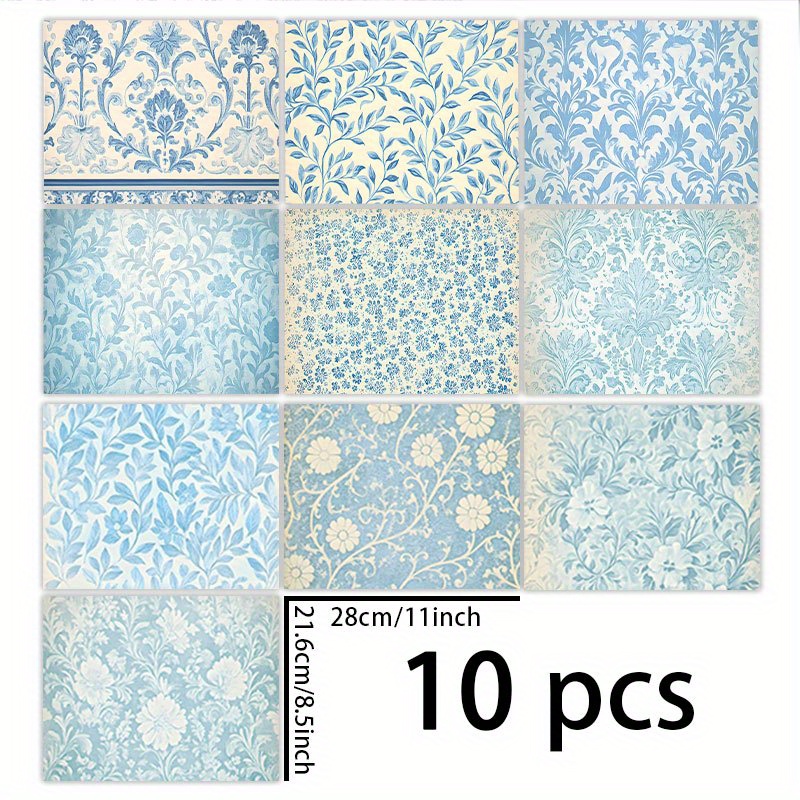 TEMU 1 Set Of 10 Sheets (11*8.5 Inches) Chinese Blue And White Porcelain Pattern Background Material For Decoration, Diy, Vintage Journals, Junk
