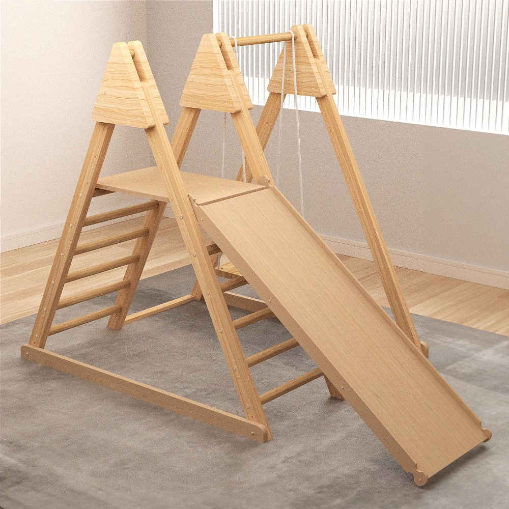 Gimnasio de juegos interior de Gimnasio de juegos con columpio,  tobogán, escalera y pared de escalada Gimnasio de juegos de madera