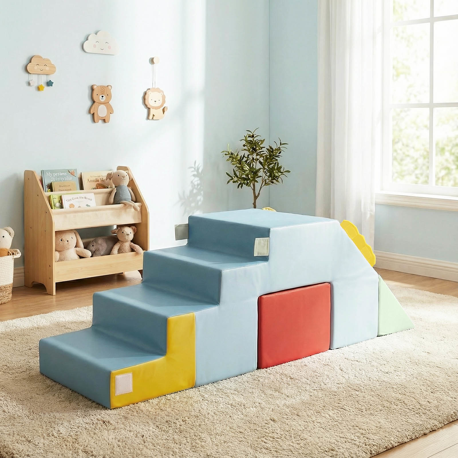 Kids Sofa, Velvet Covers, Convertible Table And Chair Set For Christmas And Halloween, Blue + Red + Yellow