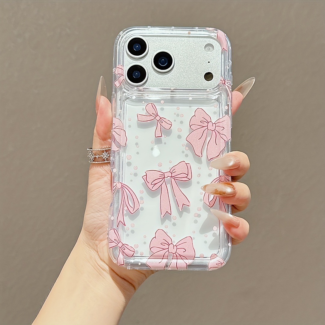 TEMU Phone Case - 1pc Pink Bow Polka Dot Trendy Pattern Air Cushion Transparent Tpu Phone Case For Iphone 17 16 15 14 13 12 11 Pro Max Air 7 8 Plus