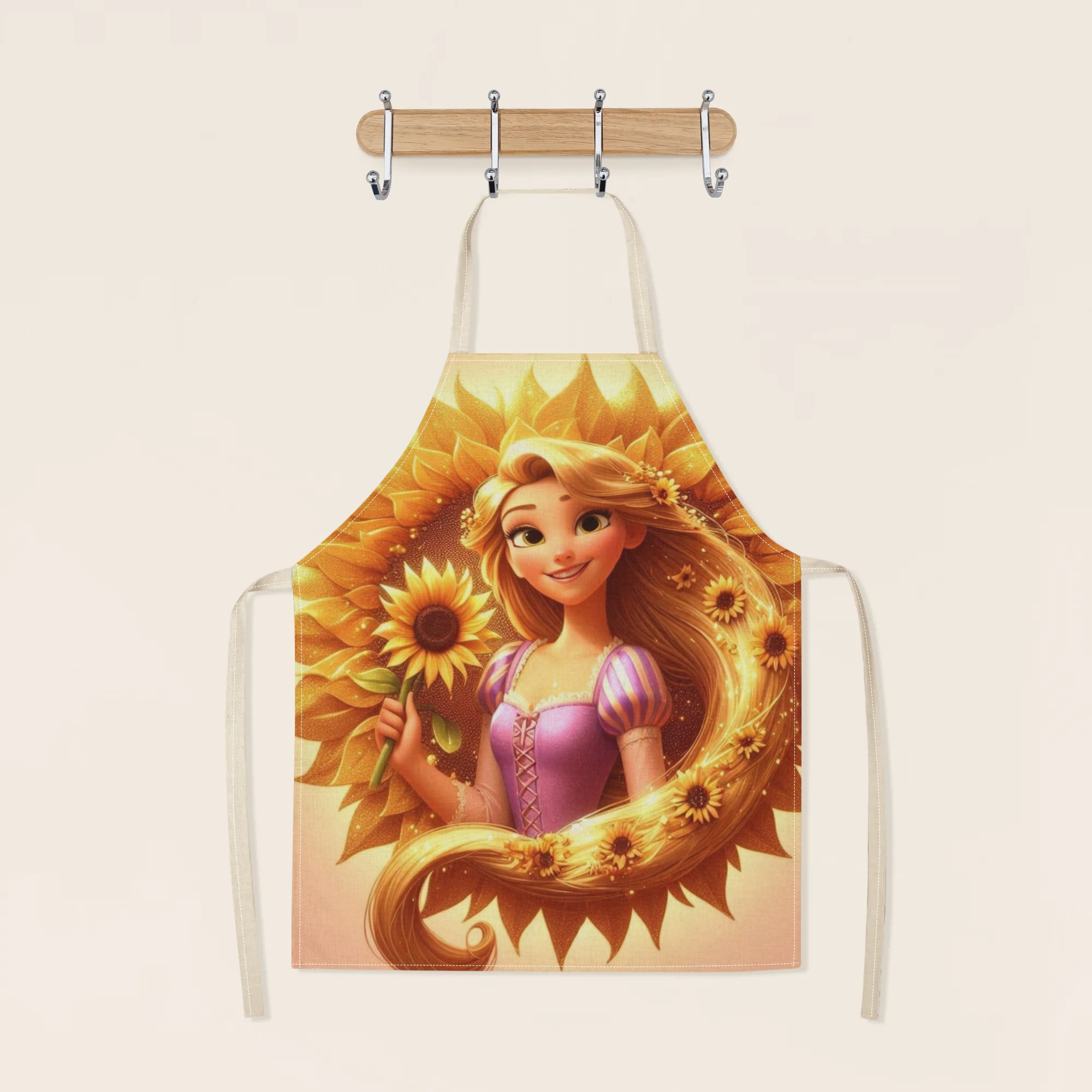 disney   waterproof apron - vibrant cartoon princess design with sunflowers, ideal for home, restaurants, cafes & supermarkets -   polyester,  , versatile apron|vibrant design|glossy finish details 2