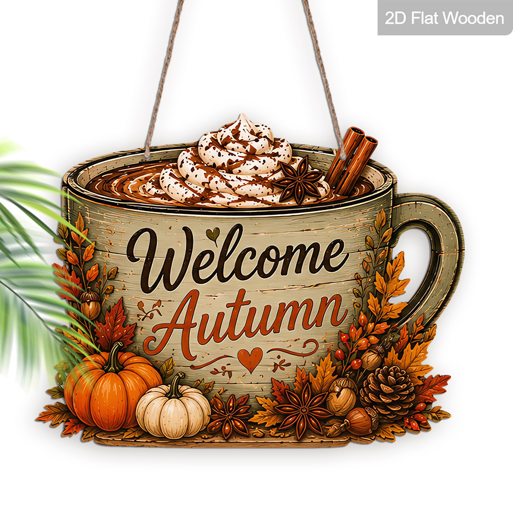TEMU 2d Flat, 1pc Welcome Autumn Coffee Mug Wooden Hanging Sign, Farmhouse Maple Leaf Design Wooden Plaque, Fall Thanksgiving Hanging Decor For House