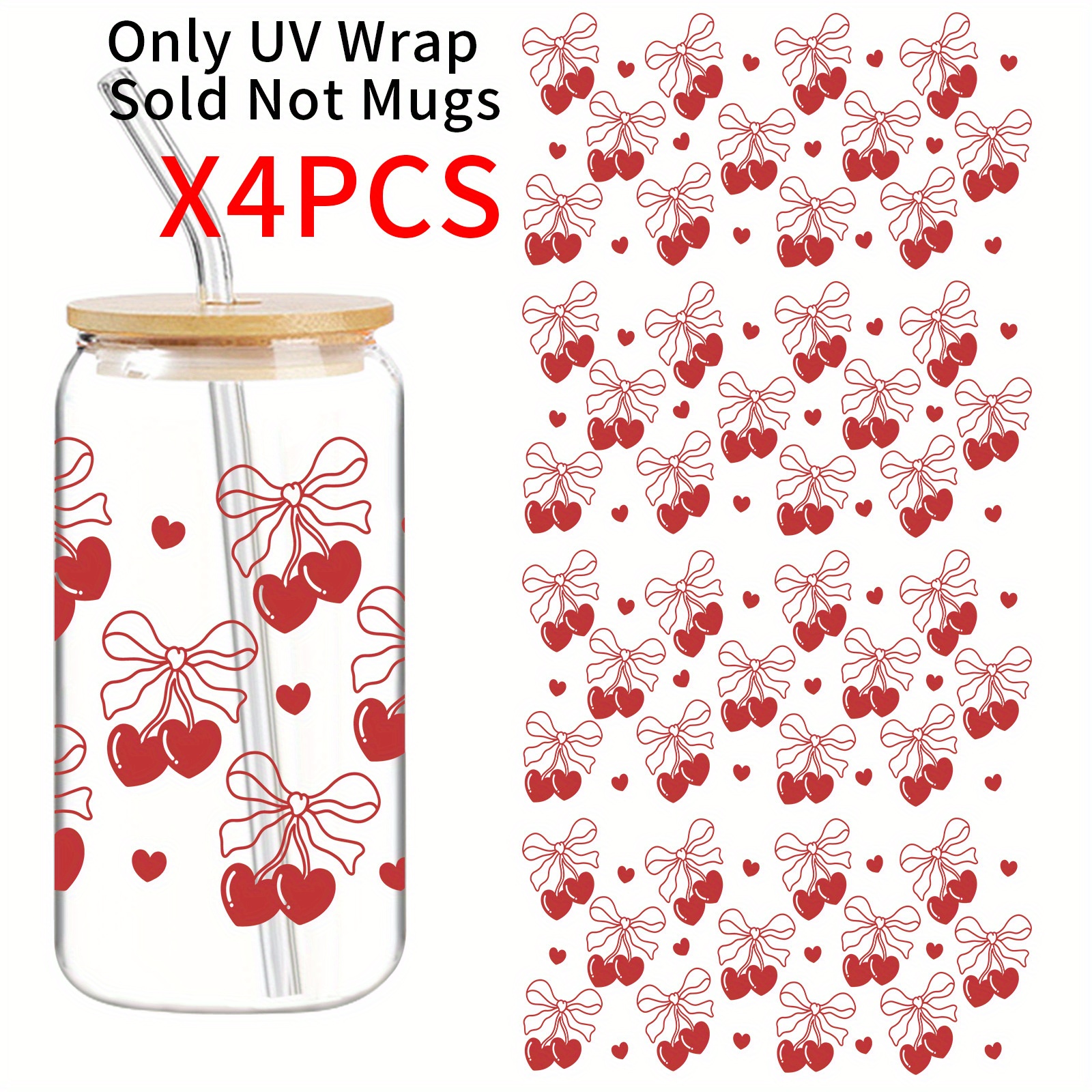 TEMU 4pcs/set Cherry, Love Stickers, Uv Dtf Transfer Stickers, Perfect Gift For Valentine's Day, Suitable For Birthday Party Decoration Supplies, Diy