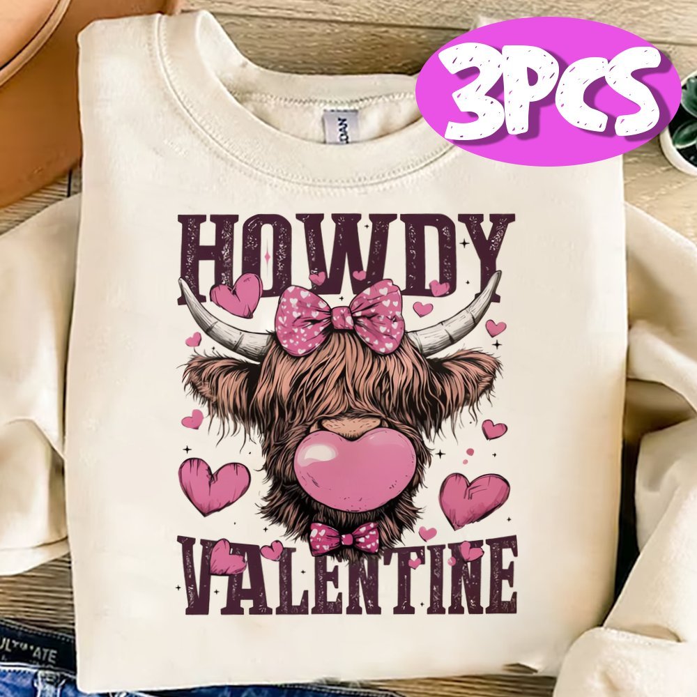 

3pcs Valentine's Day Highland Cow Iron-on Heat Transfer Vinyl Decals, Mixed Color And Mask Decorations, Washable And Heat Press Transfers For T-shirts, Backpacks