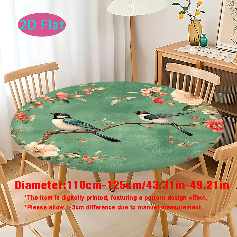 TEMU Nappe Ronde Élastique à Imprimé 2D Plat Motif Floral et Oiseaux Style Chinois Base Verte, Cadeau de Fête, Décoration de Table Intérieure et