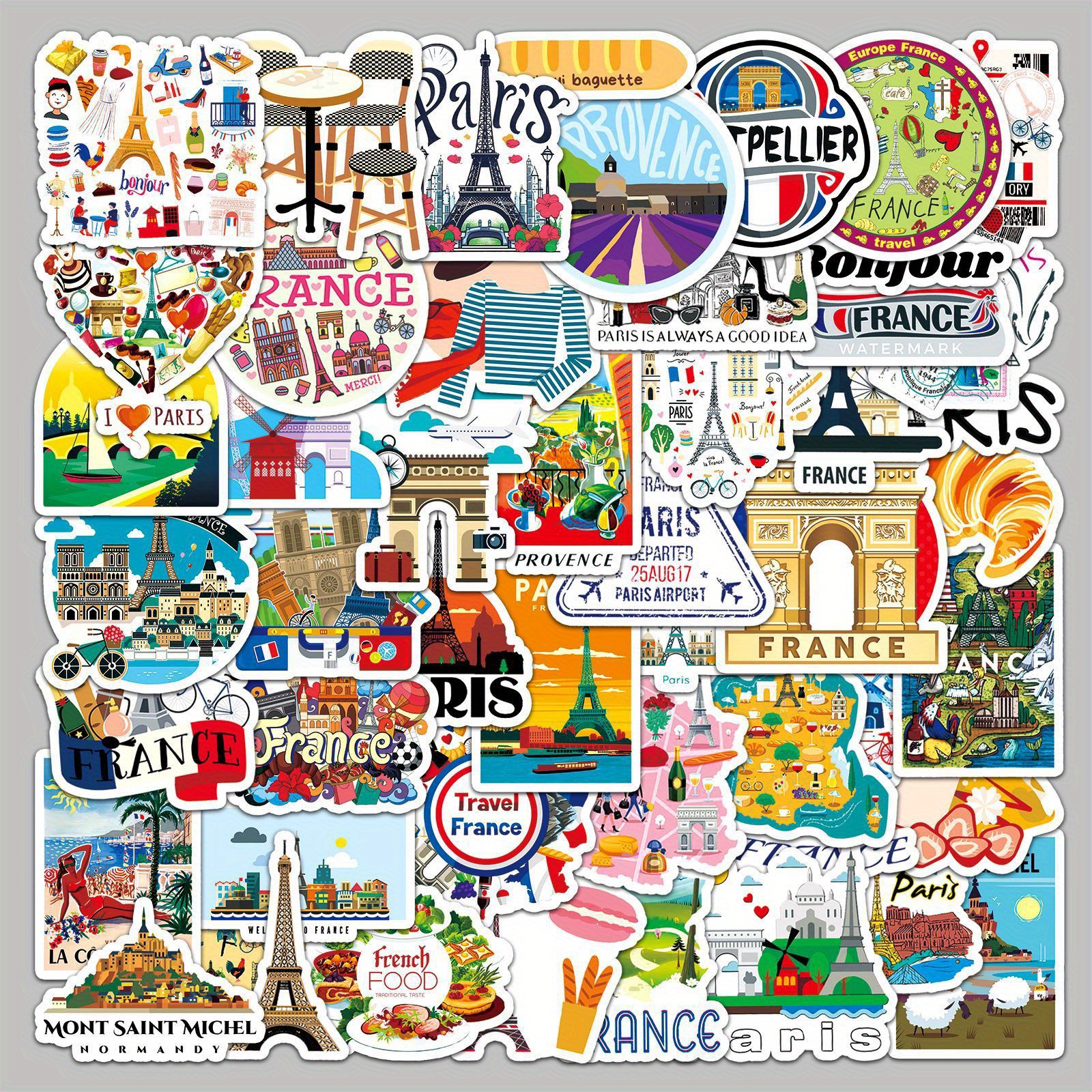 50pcs Cartoon French Outdoor Scenery Travel Punch Card Series Graffiti Stickers Suitable For Window Helmet Laptop Desktop Water Cup Decoration Waterproof Diy Handbook Stickers