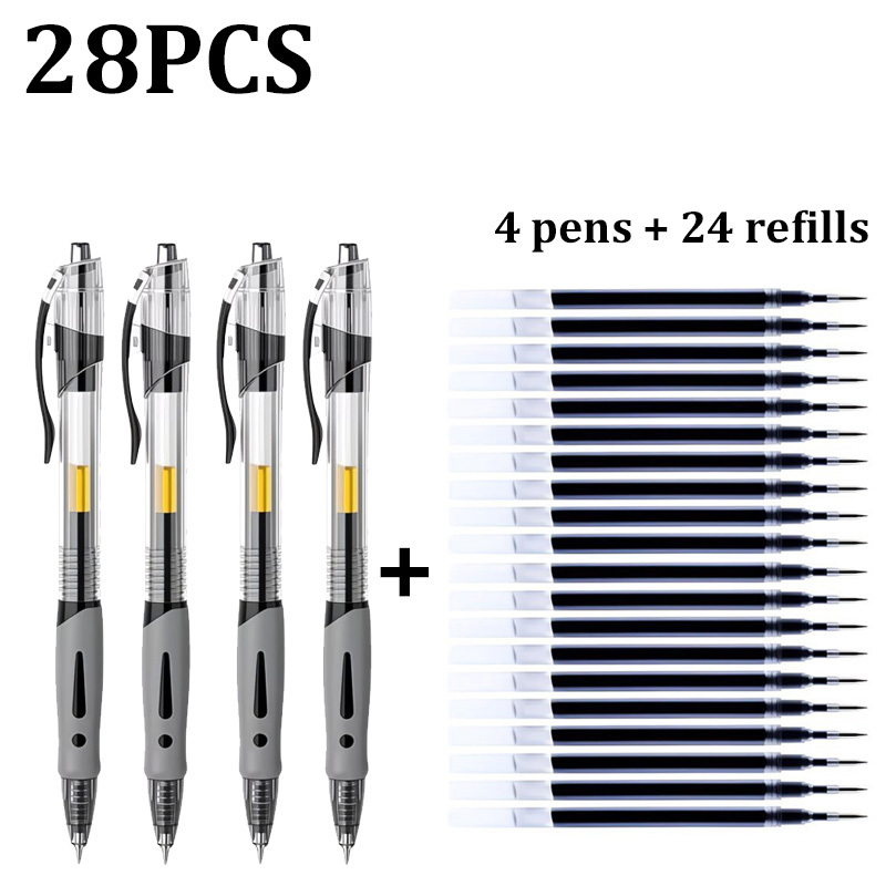 TEMU 28pcs High-capacity Gel Pen Set (4 Pens And 24 Refills), 0.5mm Fine Point, Black Ink, Comfortable Grip, Quick-drying, Smooth Writing, Ideal For