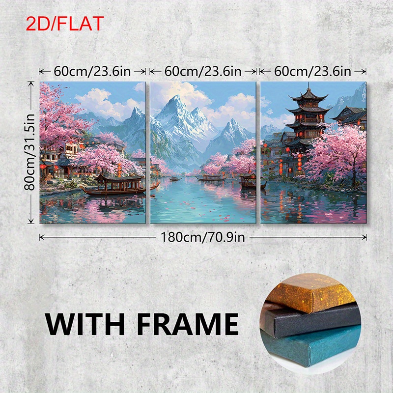 TEMU 2d Flat, 2d/ Flat, 3pcs/ Set Wooden Framed Canvas Poster, East , Cherry Blossoms, Mountain Landscape, Traditional Architecture, Waterway,