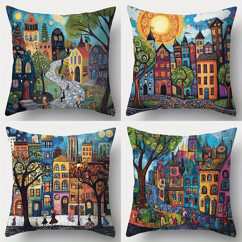 TEMU Four-piece Set Featuring A Printed Pillowcase. It Showcases Designs Of Houses, Trees, People Walking, Cyclists, And Other Patterns, With