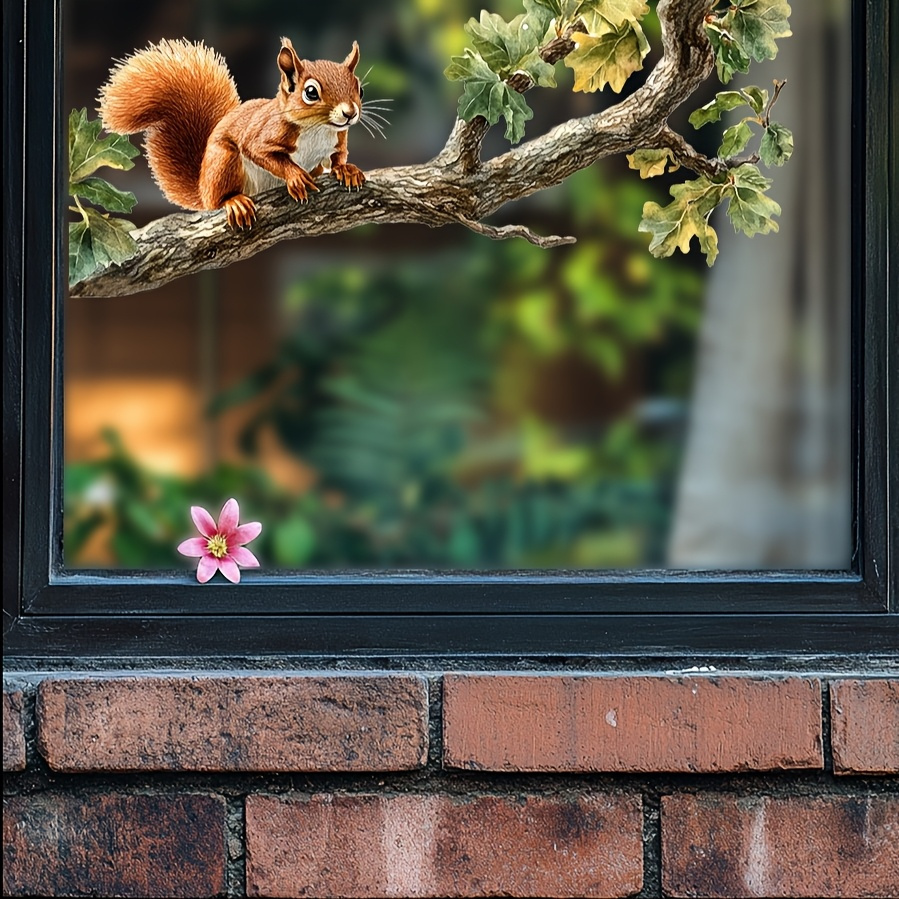 1pc Realistic Squirrel Glass Sticker, Removable Pvc Wallpaper For Living Room, Bedroom, Balcony & Window Decoration