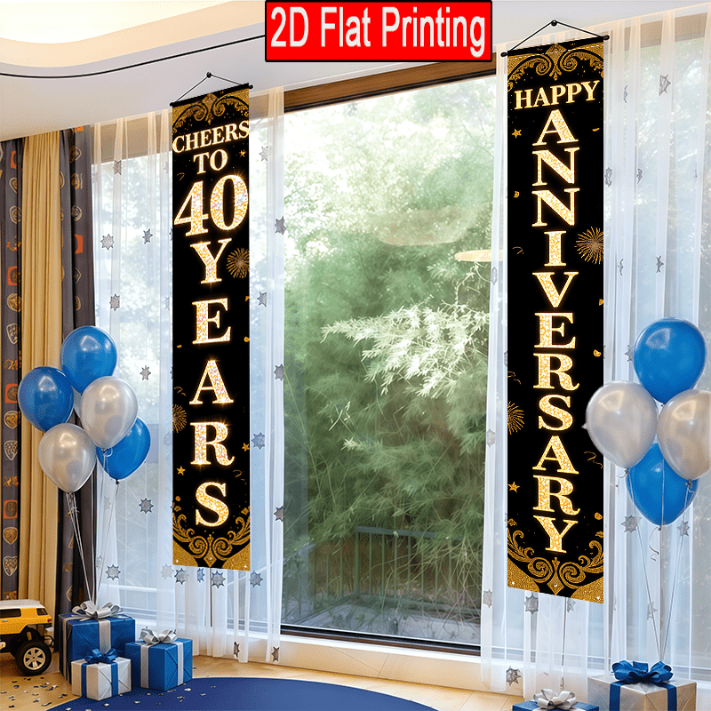 TEMU 2d Flat - 2d Flat - 2d Flat 2pcs Happy 40th Anniversary Party Porch Banner In Black And Golden With Chinese , Suitable For Outdoor Courtyard
