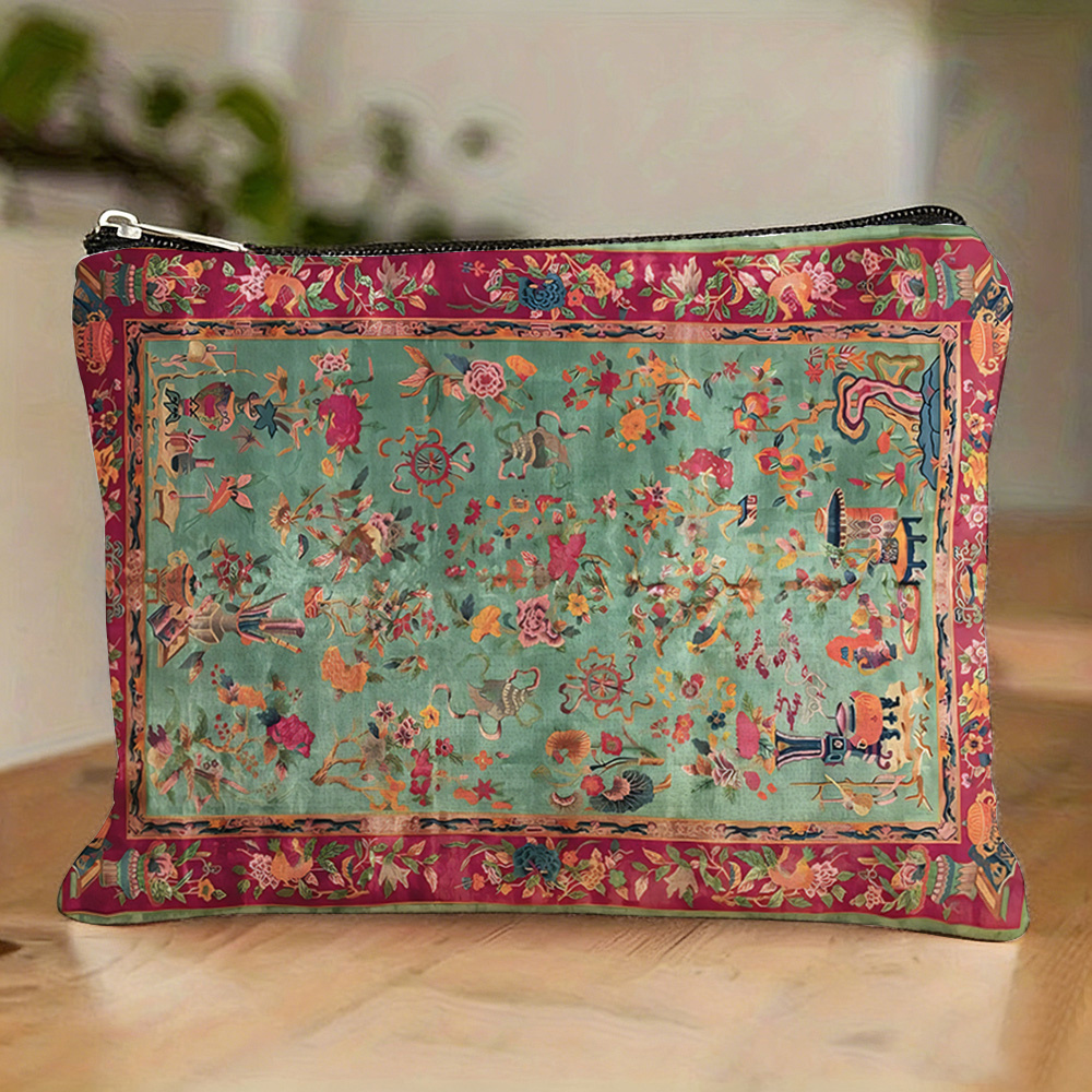 TEMU 1pc Of French -style Printed Makeup Bag, Double-sided Linen, Elegantly Designed With A Vintage Look, Lightweight Travel Cosmetic Case With A