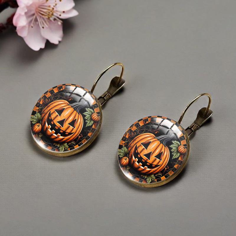 Halloween Pumpkin Pattern Circular Glass Retro Earrings