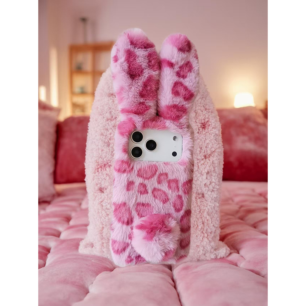 TEMU Phone Case - Cute Leopard Print Fuchsia Bunny Ear Plush Case Suitable For Iphone 11 To 17 Pro Max, As Well As And Pixel Models, Perfect For