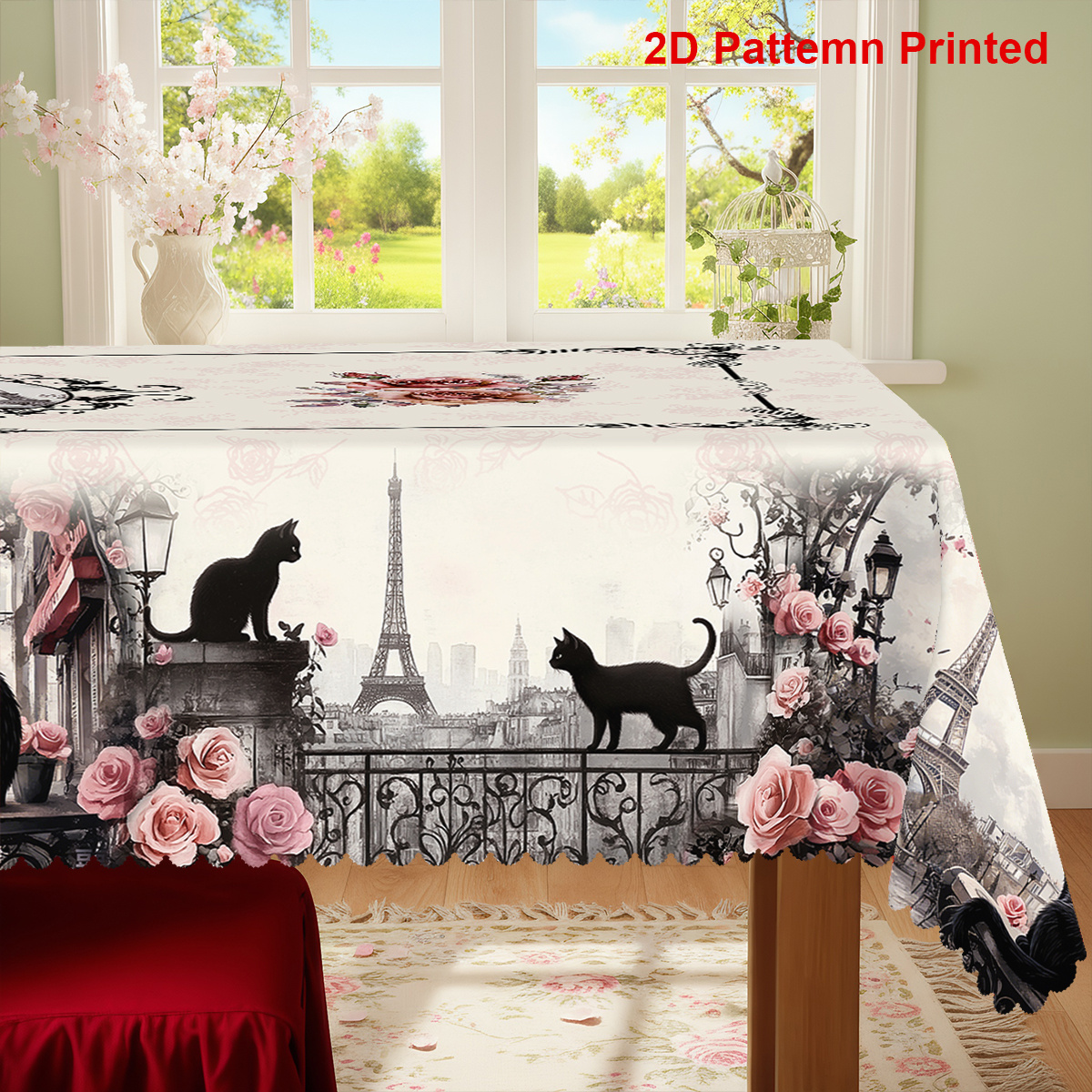 TEMU 1pc, Cat Themed Party Tablecloth, Spring Rose Floral Printed Design, Rectangular/round/oval Table Cloth, Embossed Edge, Suitable For Picnic