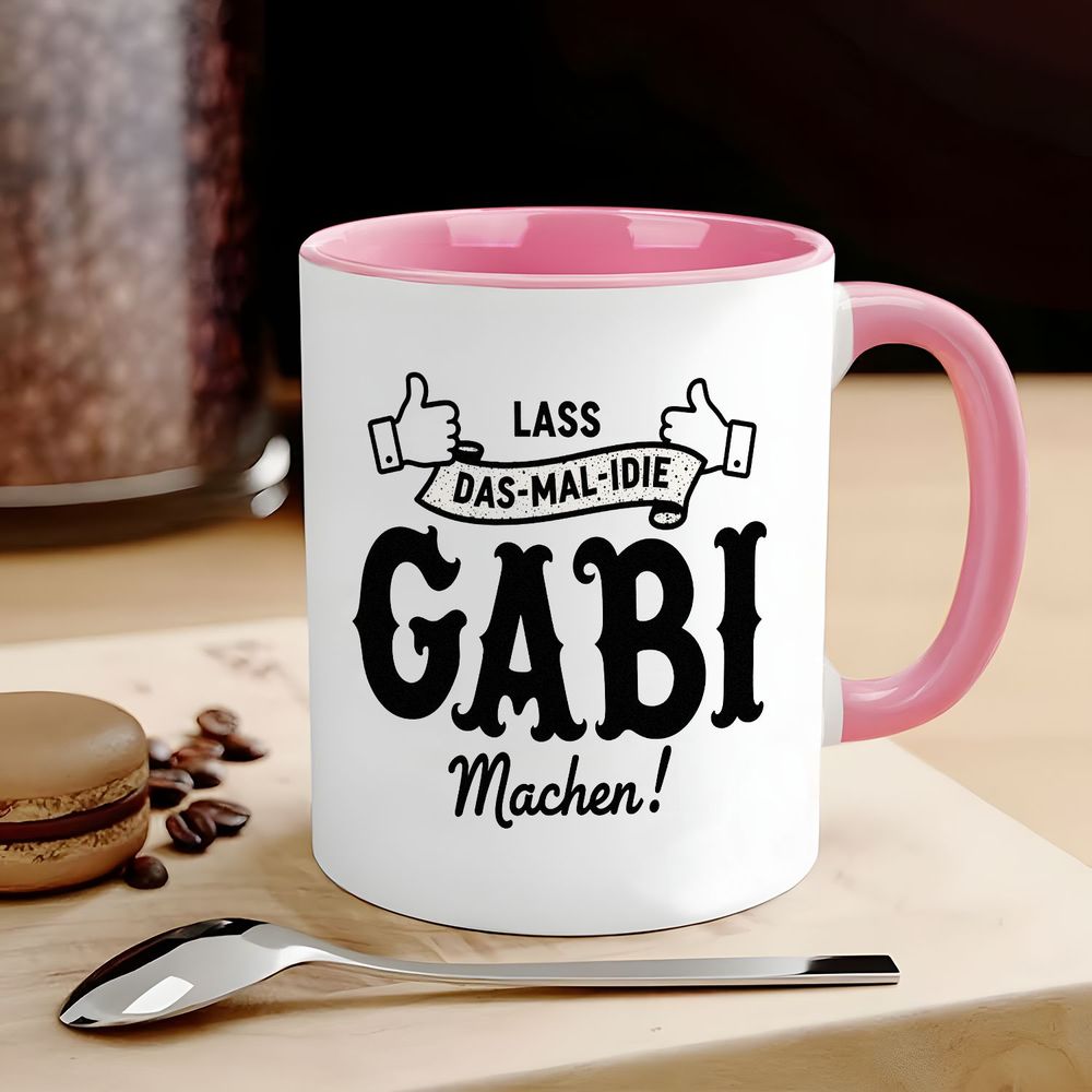 Image of 1pc Tassen Kaffeetassen Gabi - Lass Das Mal - Die Mach Tasse, White With Pink Interior & Handle, Ceramic Coffee Mug - Perfect For Daily Use, Office, Kitchen, Unique Gift For Gabi Enthusiasts