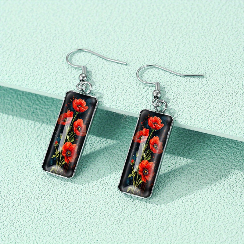 1 Pair Of Poppy Flower Cluster Earrings, Glass Ornament Square Earrings