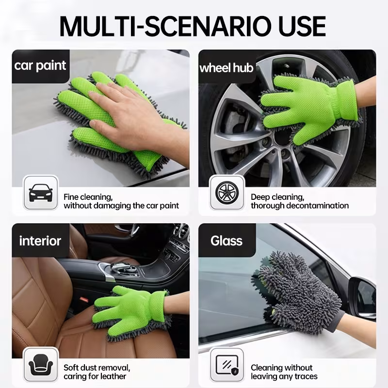 chenille thickened five wash gloves size 27 5 26cm 10 8 10 6in multi scene use dual sided car wiping and dust removal without damaging paint cleaning wheel hubs with mesh and foam green car wash gloves household dusting gloves Product details 6