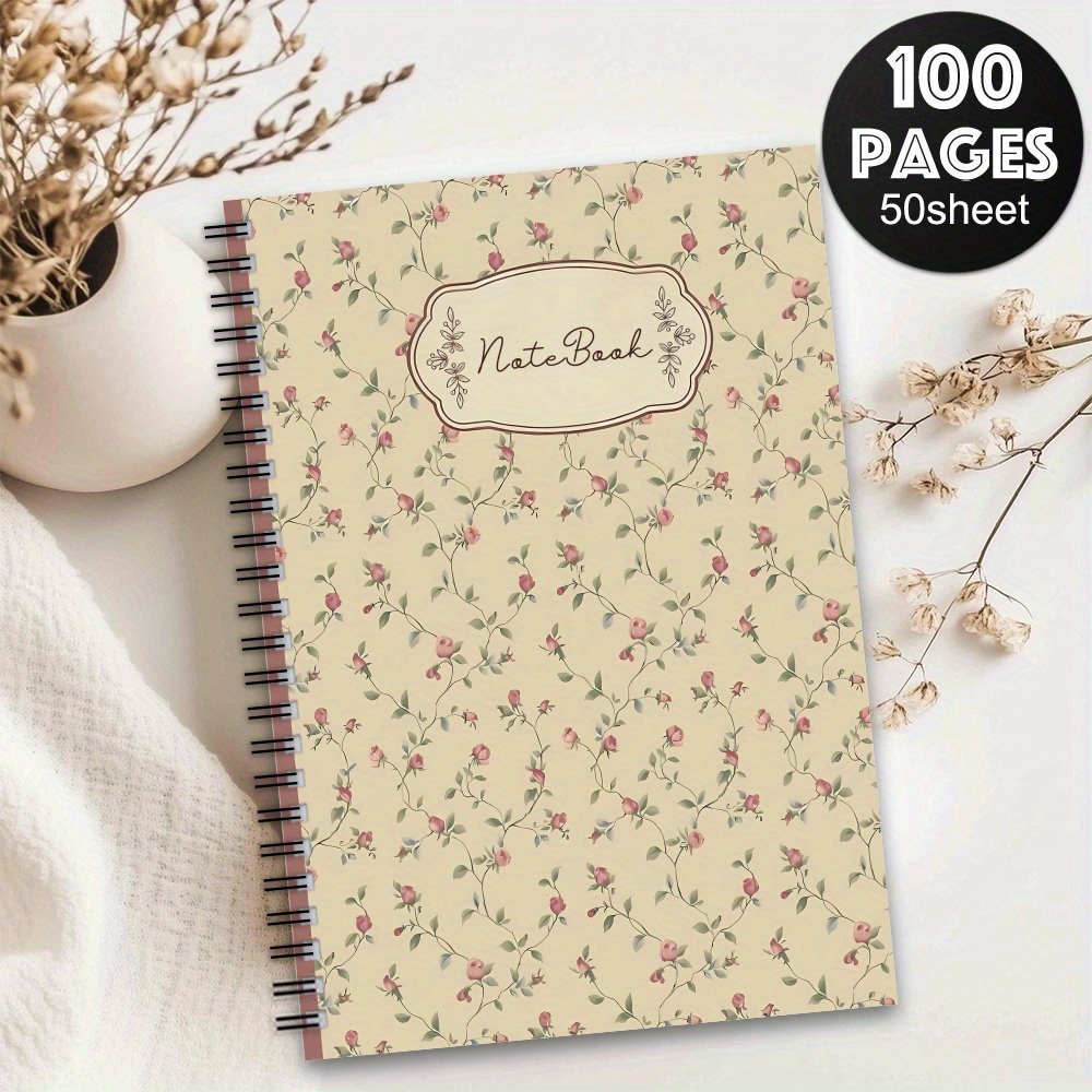 TEMU 1 A4 Size Ruled Spiral Notebook - Vintage Floral Notebook - Vintage Aesthetic, Beige Cover With Pink And White Flowers, Journaling, Office