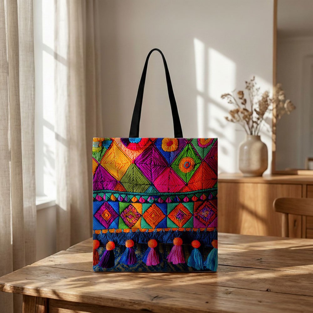 TEMU [reusable Grocery Bags] 2d Flat, Colorful Geometric Woven Canvas Tote Bag, Lightweight Shoulder Bag, Multi-functional Shopping Bag For Women,