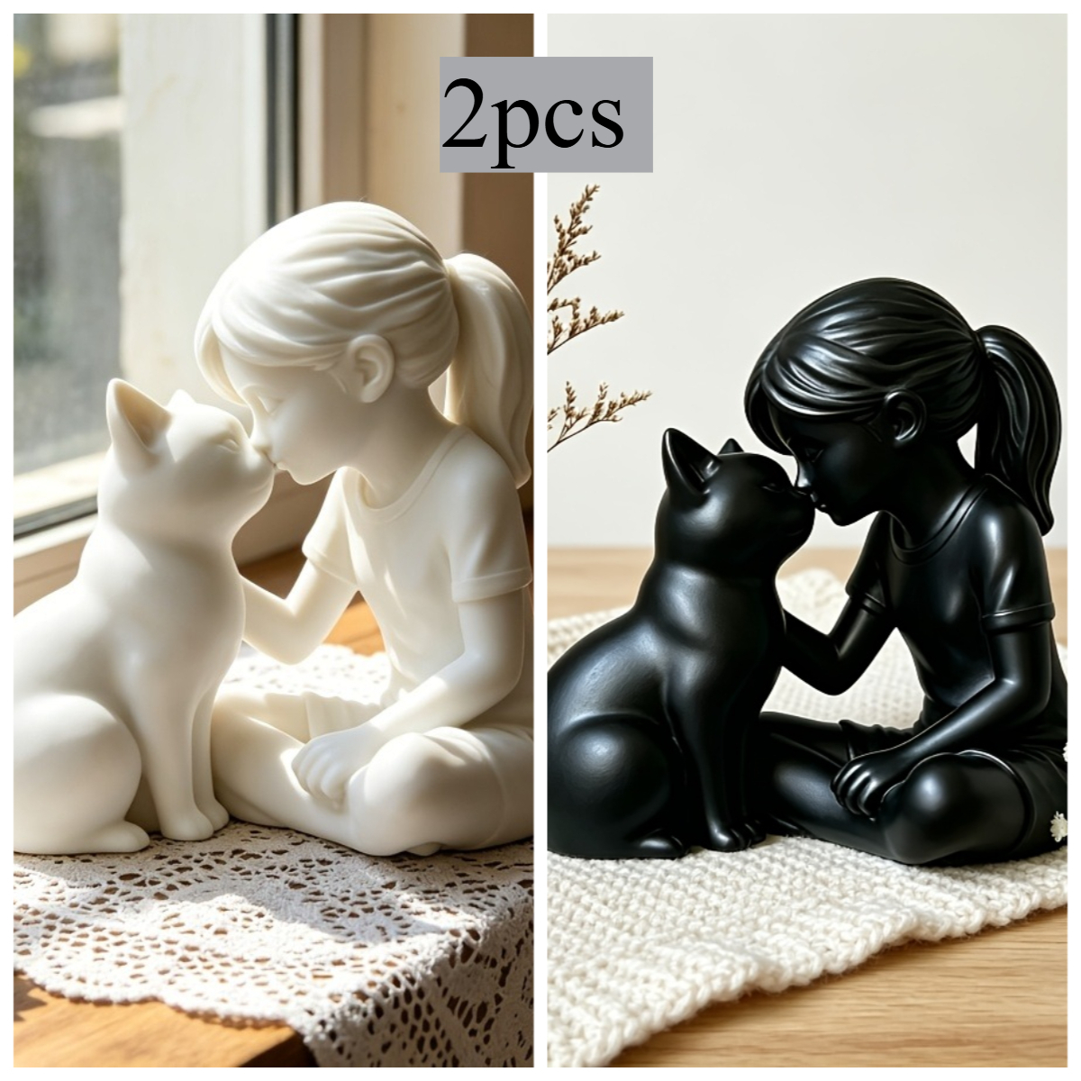 TEMU A Creative Black And White Two-piece Statue Set, Featuring A Composition Of A Figure And A Cat. It Offers A Minimalist Yet Artistic Aesthetic