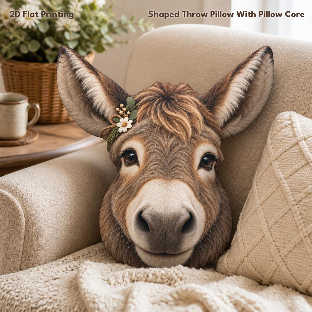 TEMU Portrait d'âne animalier, ferme rustique , coussin décoratif en peluche façonné par impression 2D à plat pour cadeau, chambre, canapé, salle,