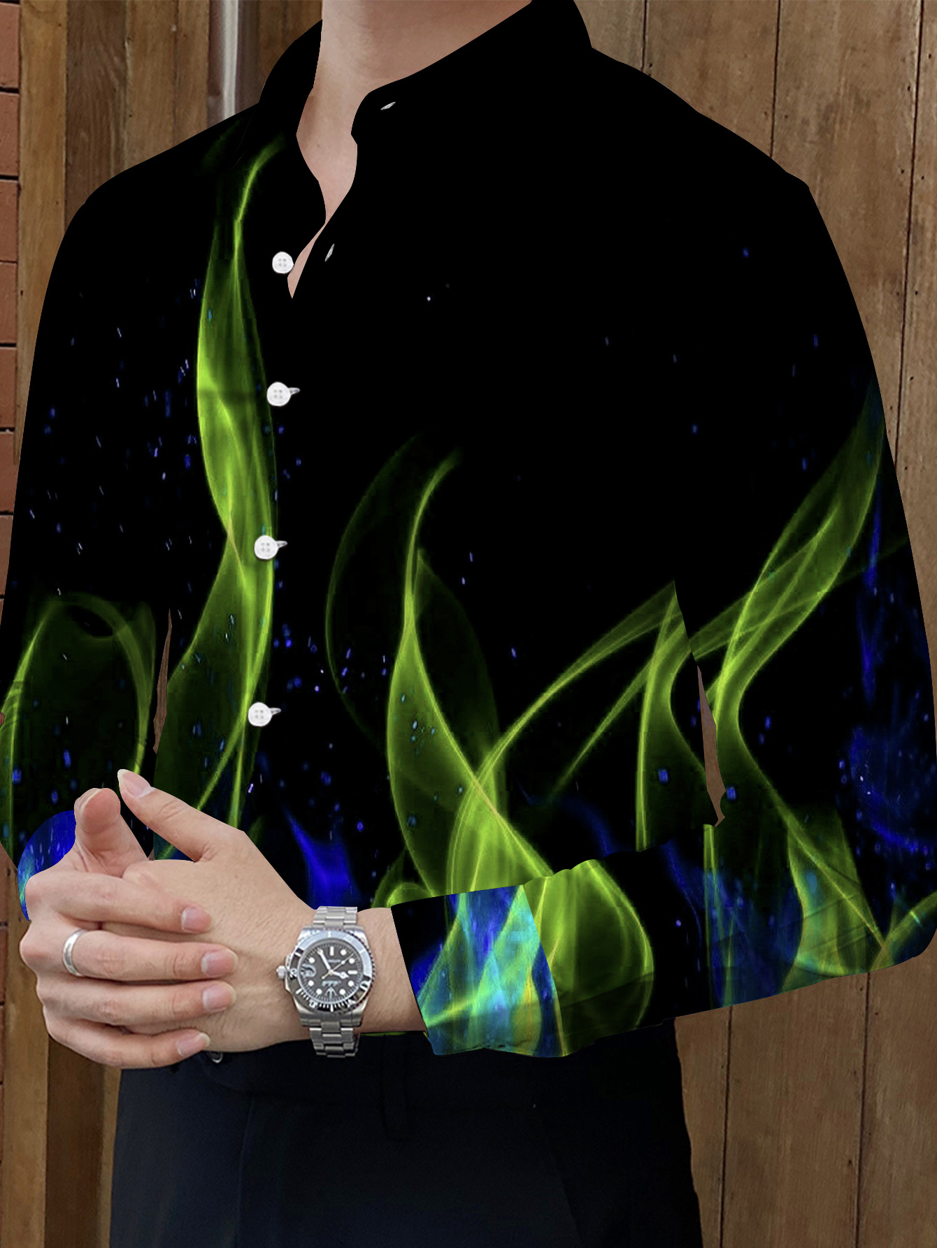 mens neon flame shirt black accents button - Temu
