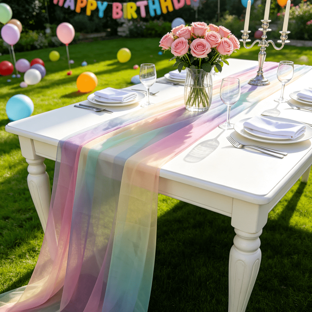 TEMU 1pc, Iridescent Tulle Printed Mesh, Tassels, Streamers, Romantic Proposal Ceremony Bouquet Decoration Printed Mesh, Party Chair Back Decoration