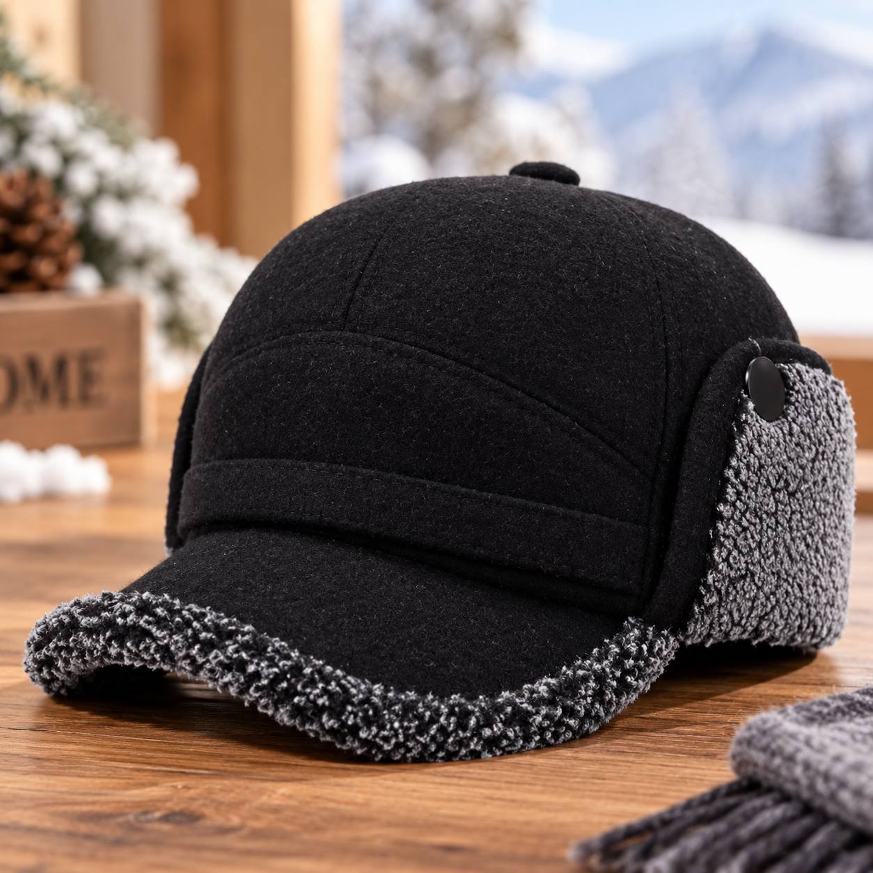 TEMU 55 X 60cm Men's Autumn Winter Thick Warm Ear Protection Baseball , Short Brim Design With Foldable Ear Protection, Suitable For Fathers And