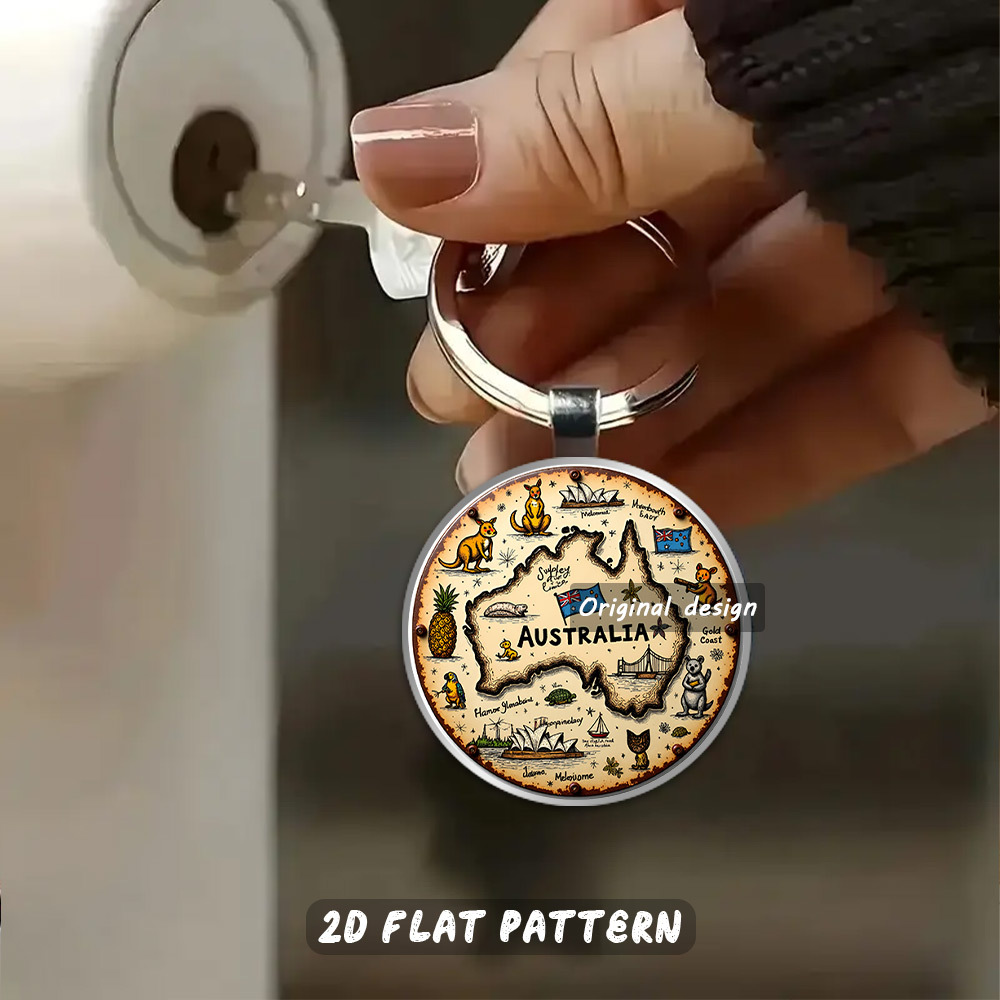 TEMU 2d Flat, 1pc Durable Metal Keychain, Australia's - Kangaroo, Koala & Sydney Opera House In Vivid Hand-drawn Doodles - & Holiday Gifts, 2d Flat