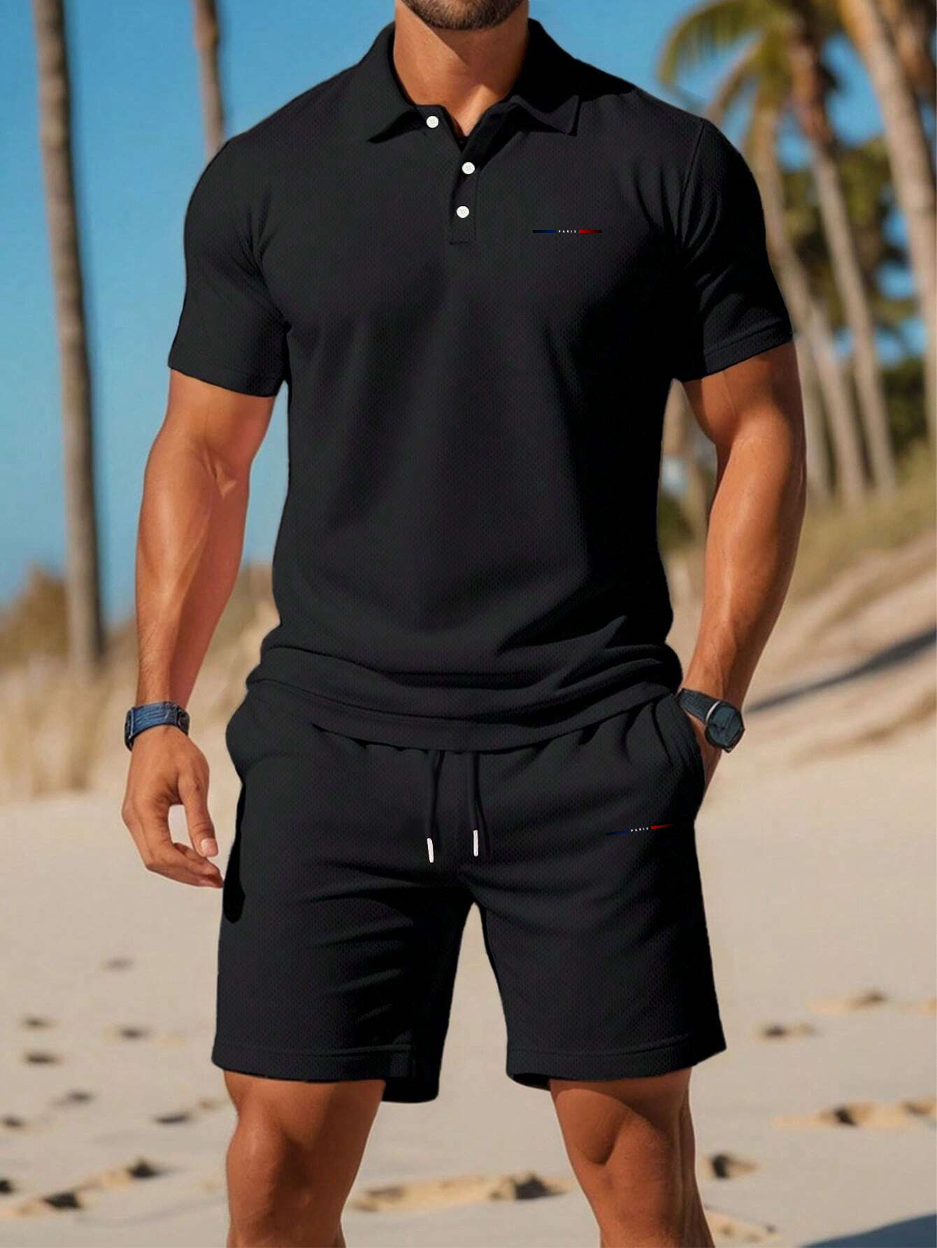 Men'S Summer Polo Shirt Sports Casual Outfit, Featuring a Short-Sleeve Collar Design And Pocketed Belt Shorts, Perfect for Outdoor Leisure And Beach Relaxation