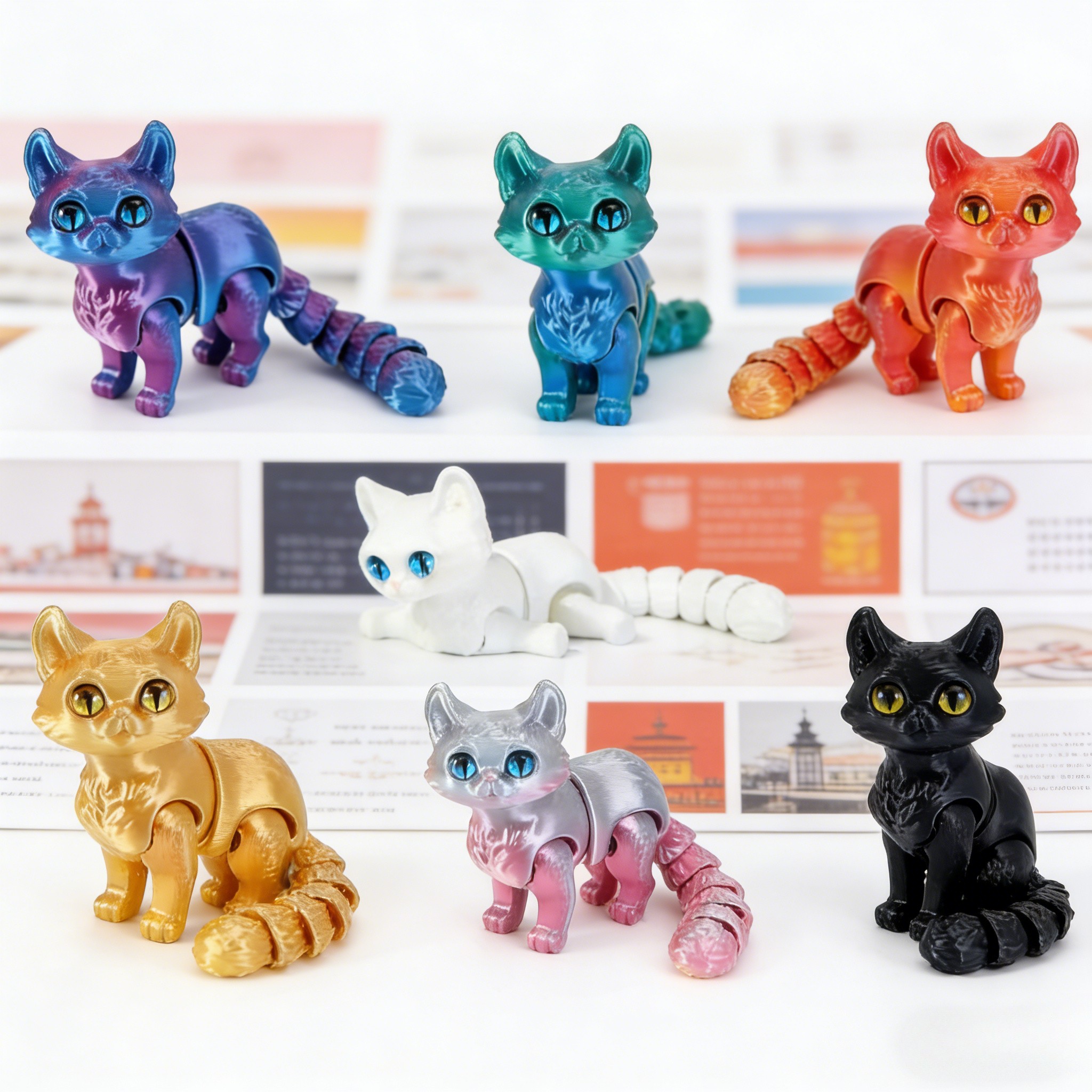 TEMU 7pcs 3d Printed Cat Figurines, Cool And Realistic Decorations With Controllable Joints, Of Changing Into Poses, Suitable For Home, Party