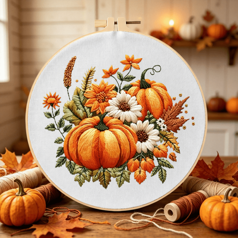 Fall Pumpkin Autumn Harvest Halloween Embroidery Kit for Adults & Beginners