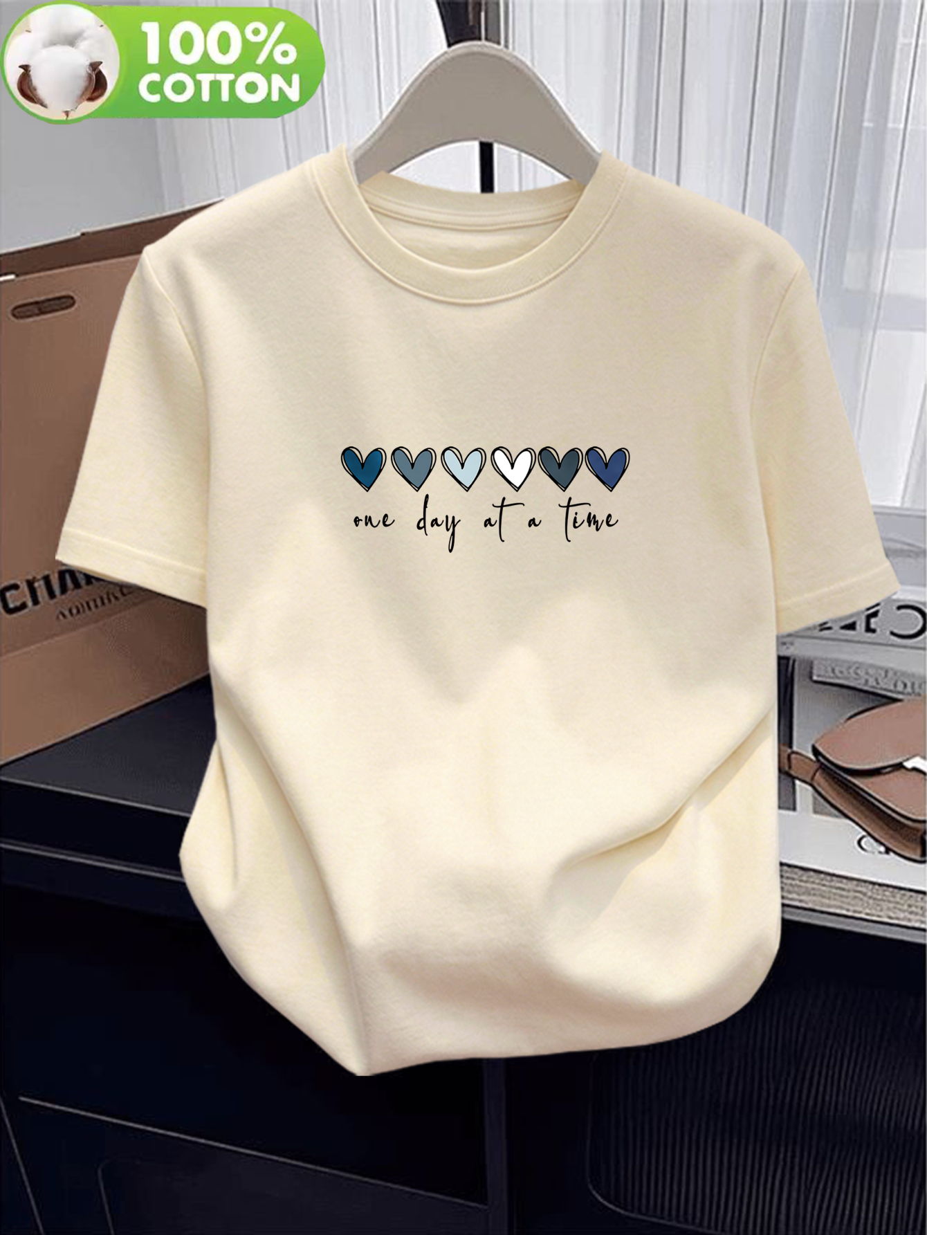 item picture 100 womens t shirt summer short sleeve lightweight top trendy and fashionable standard fit casual and versatile simple heart and letter print design showcasing personality and fun