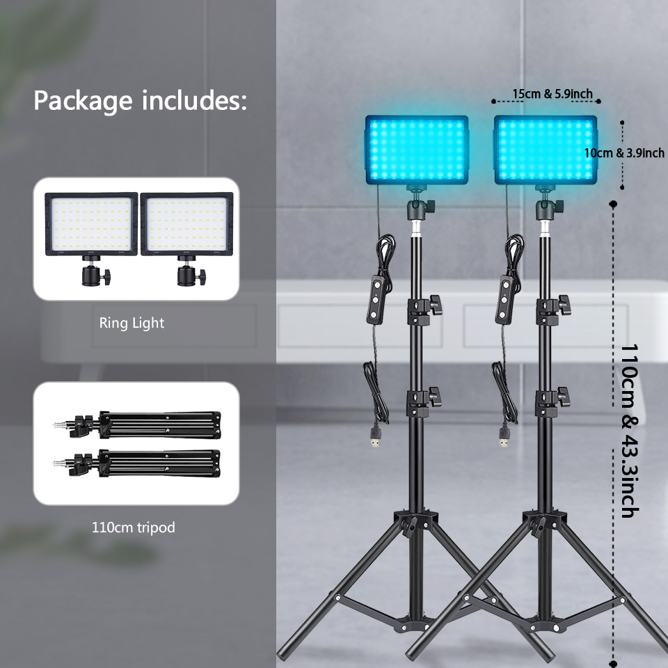 E-shop 2/3er-Pack Vloging Foto- Video-Fülllampenlichtpanel Fotografie Beleuchtungsset Dimmbar 5600K mit Einstellbarem Stativ und 4 Farb-RGB-Filtern für