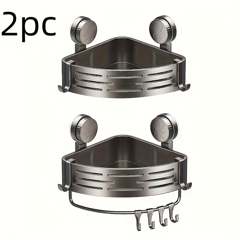 TEMU 2pcs Set With Rod- Vacuum Cup Triangular Storage Rack (including 2 Triangular Baskets, 1 Hanging Rod, And 4 Hooks); Bathroom Wall-mounted