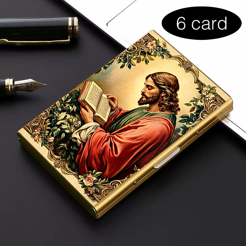TEMU 1pc Stainless Steel Rfid Anti Theft Card Holder 2d Printed Religious Portrait Classical Stylish Black Metal Wallet With Multi Compartment Design
