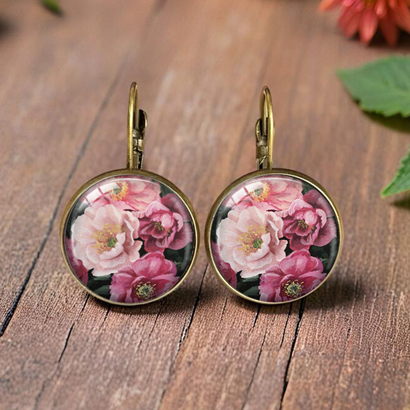 TEMU Orecchini rotondi minimalisti in vetro adatti per uso , feste, regali - Fermaglio a clip con di peonia rosa - Orecchini a , gioielli di moda per