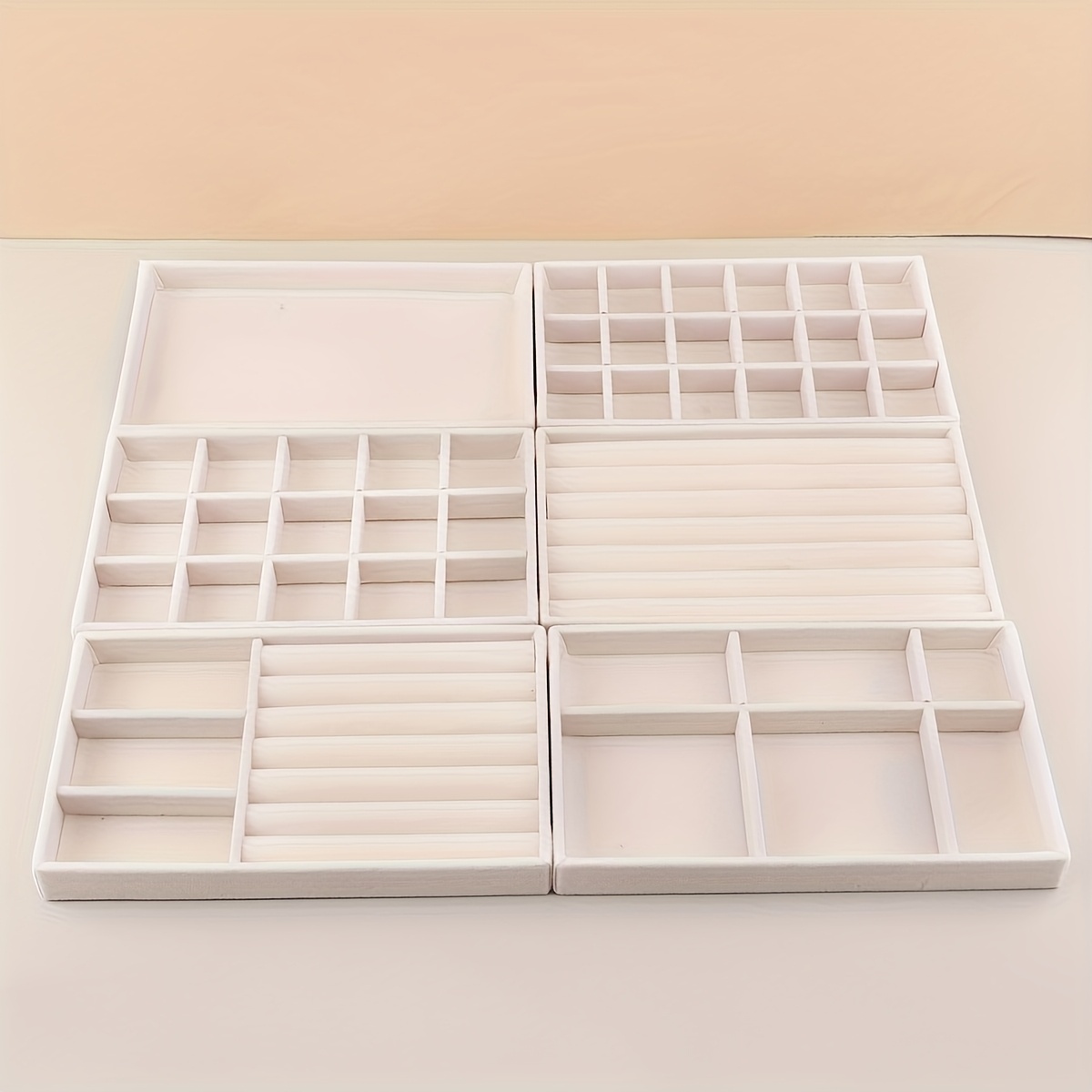 TEMU 6pcs Beige Velvet Stackable Wooden Jewelry Tray Set- Multi-compartment Design, Suitable For Storing Jewelry, Necklaces, Watches, Etc., Essential