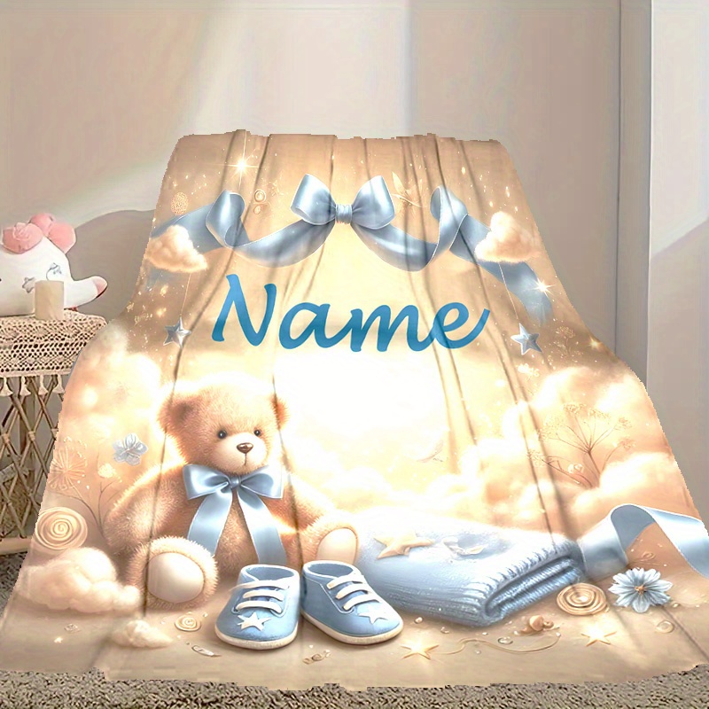 Custom Name Teddy Bear Throw Blanket, Lightweight Flannel