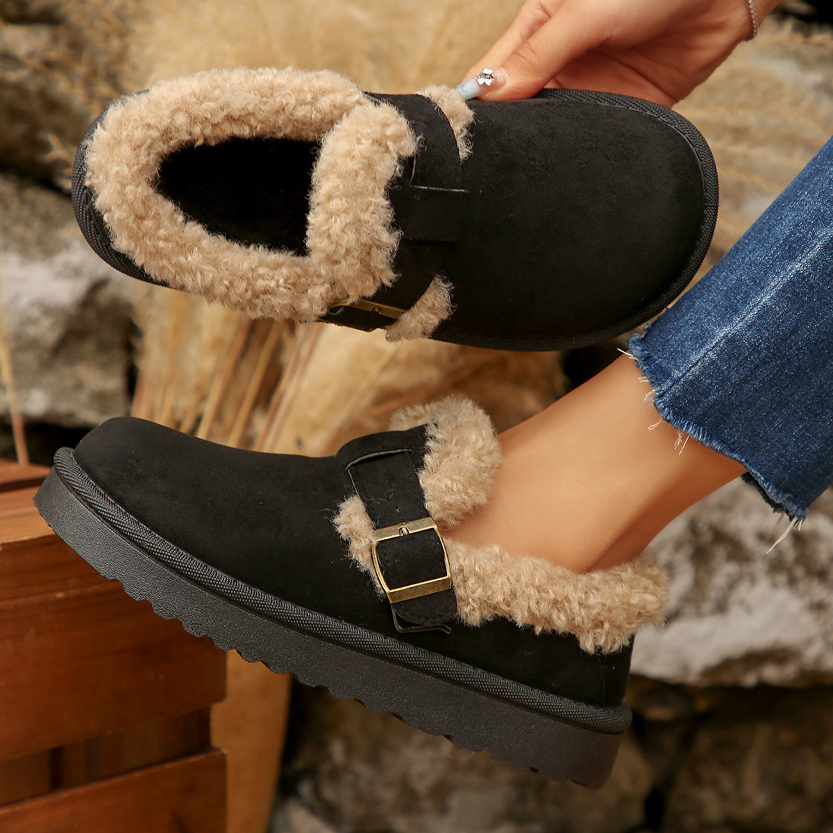 womens cozy fleece lined slip ankle boots strap black Temu Mauritius