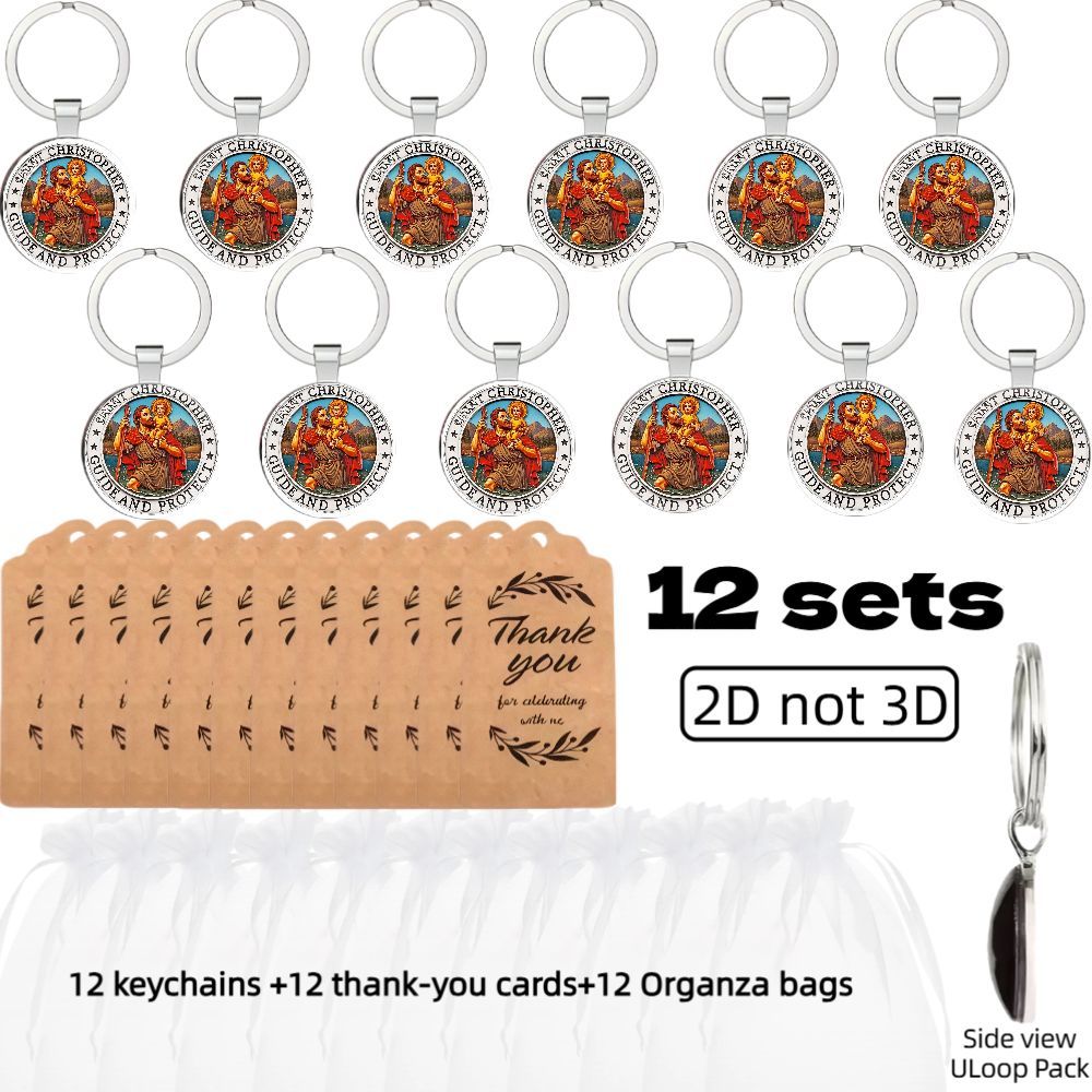 TEMU 2d Flat, 12 Sets Christopher Style Emblem Religious-inspired Alloy Keychain Set With 2d Design, Saint Christopher Style Alloy Keychain Car