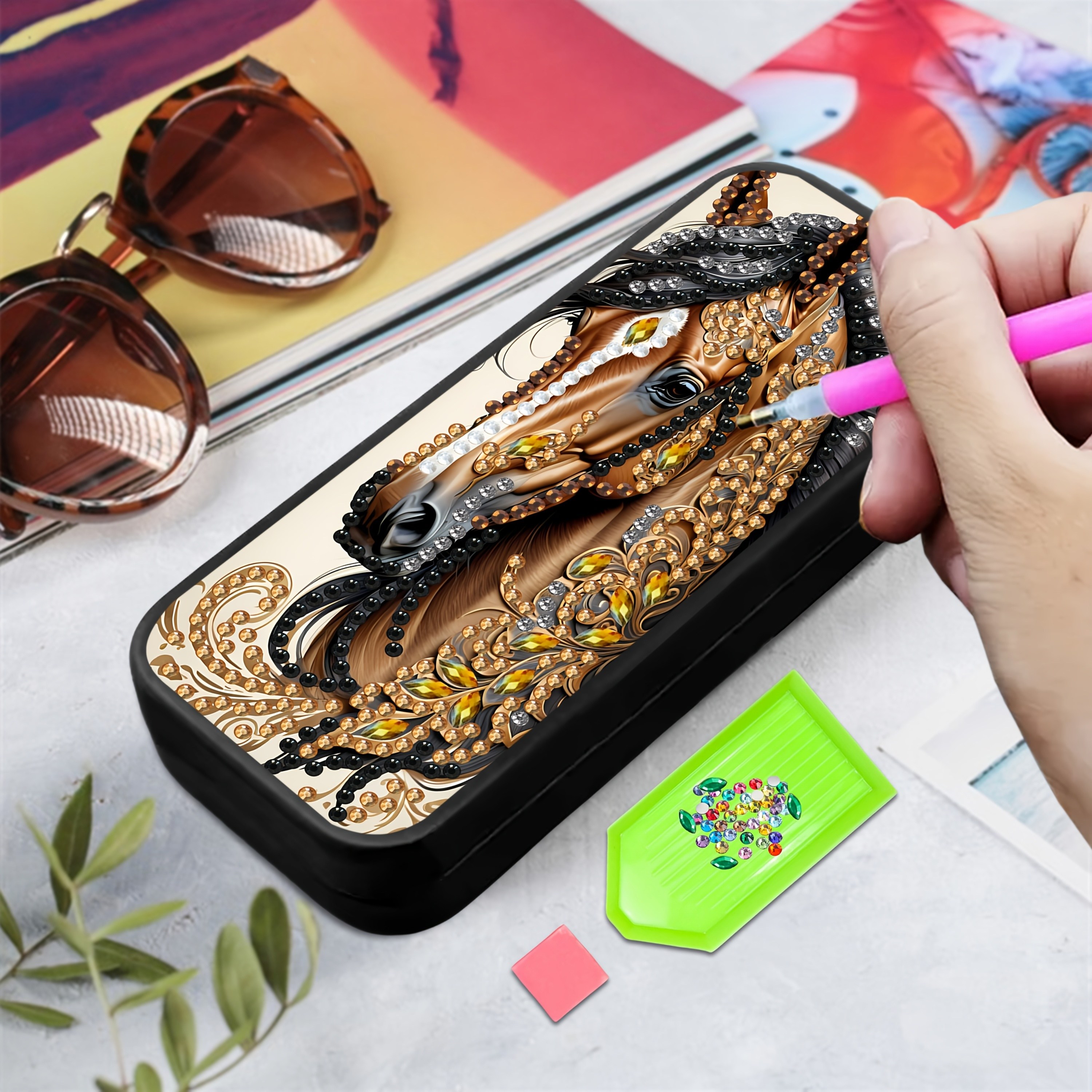 TEMU 1pc Pvc Faux Leather Craft Travel Glasses Case, 5d Diamond Painting Glasses Set Design, Irregular Diamond And Tool Included, Special Shaped