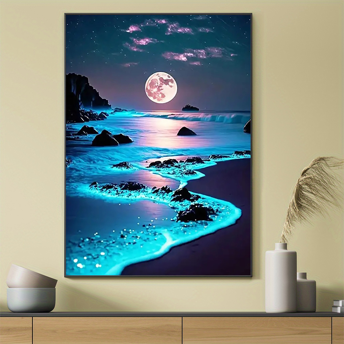 TEMU 2d Flat, 2d Flat, 1pc Frameless Luminous Canvas Wall Art Poster Scene Print, Glowing Beach Decor For Home, Bedroom, Living Room, Bathroom,