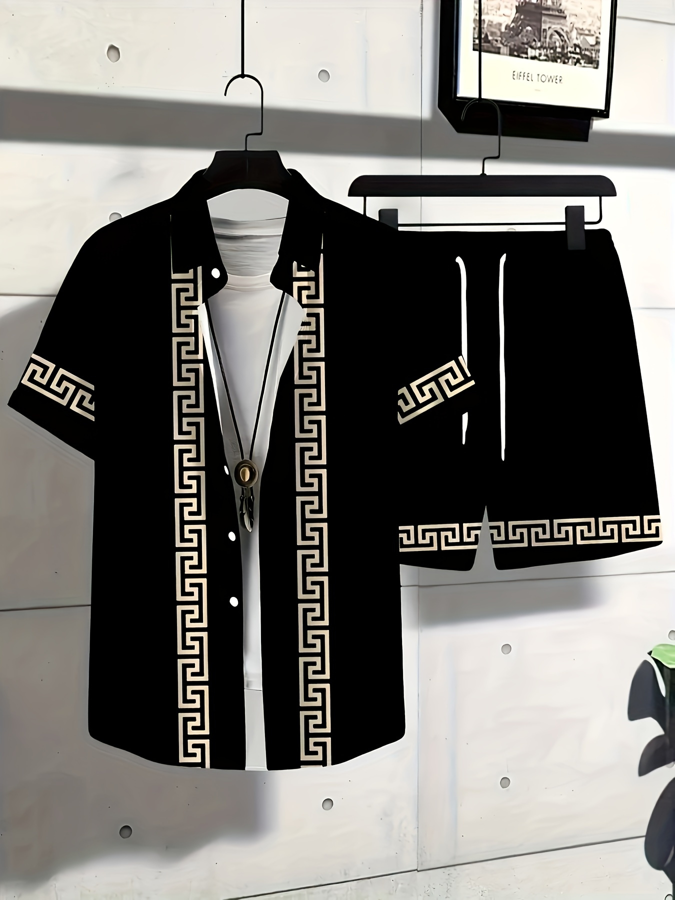 summer mens sports outdoor short sleeve casual cardigan shorts set