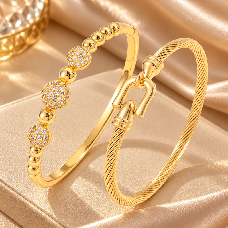 2pc Women's Stainless Steel & Copper Bracelet Set, Elegant Design